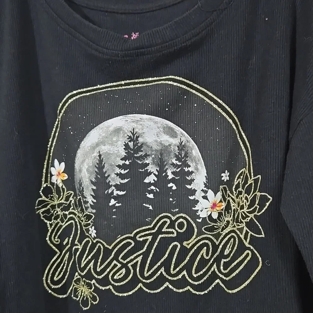 Justice Girls 10 Black Flyaway Tee Graphic Long Sleeve Ribbed Knit T-Shirt Top